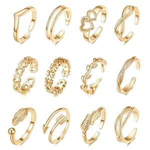 Yellow Gold Adjustable Open Toe Rings - Set of 12
